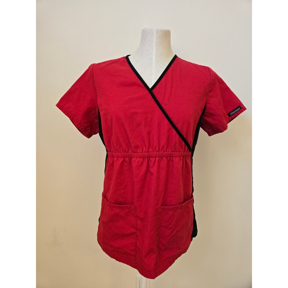 Cherokee Red Black Scrub Top Size Small Wrap Style Nursing Medical Uniform